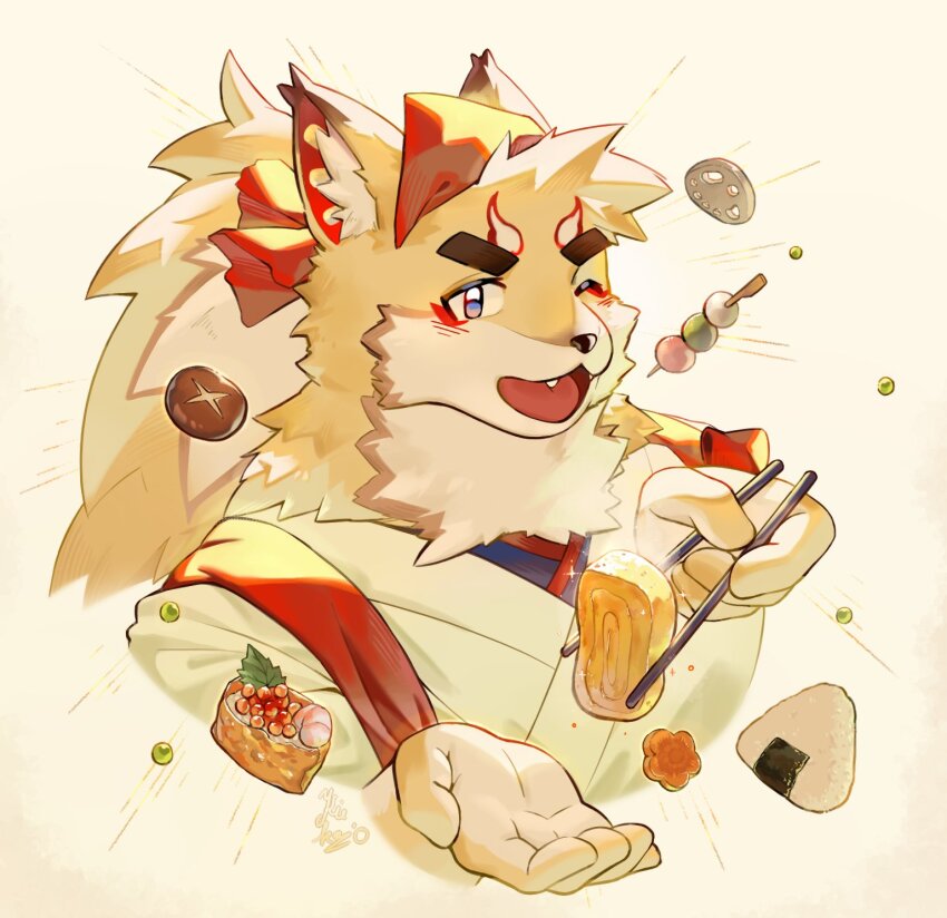 blue_eyes blush chopsticks dango food headscarf highres holding holding_chopsticks inari_(housamo) incoming_food japanese_clothes kiekoio kimono looking_at_viewer one_eye_closed ponytail tokyo_houkago_summoners wagashi white_kimono