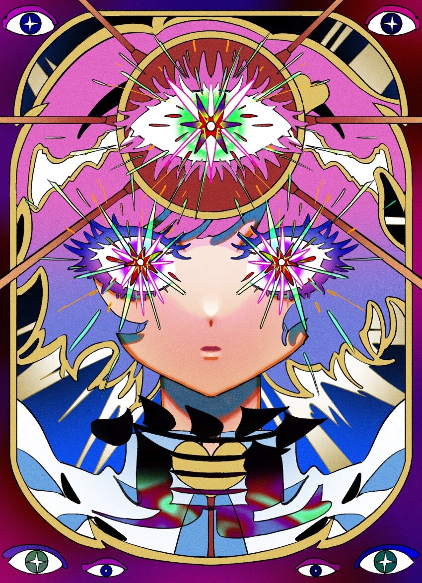 1girl black_hairband blue_background blue_hair border brooch commentary_request diffraction_spikes disembodied_eye gradient_border gradient_hair hair_ornament hairband heart heart_brooch heart_hair_ornament highres jewelry komeiji_satori looking_at_viewer mememedama10 multicolored_border multicolored_eyes multicolored_hair open_mouth ornate_border pink_hair portrait purple_eyes red_eyes short_hair solo sparkling_eyes straight-on third_eye touhou translation_request wide-eyed yellow_border