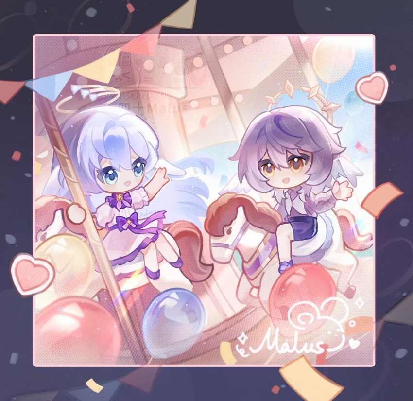 :d artist_name balloon blue_border blue_eyes blue_hair blue_shorts border brother_and_sister brown_eyes carousel chibi confetti dress dutch_angle grey_shirt head_wings highres holding holding_pole honkai:_star_rail honkai_(series) horse horseback_riding long_hair medium_hair open_mouth pole purple_footwear riding robin_(honkai:_star_rail) shirt short_sleeves shorts siblings sidesaddle sishi_malus smile string_of_flags sunday_(honkai:_star_rail) white_dress wings