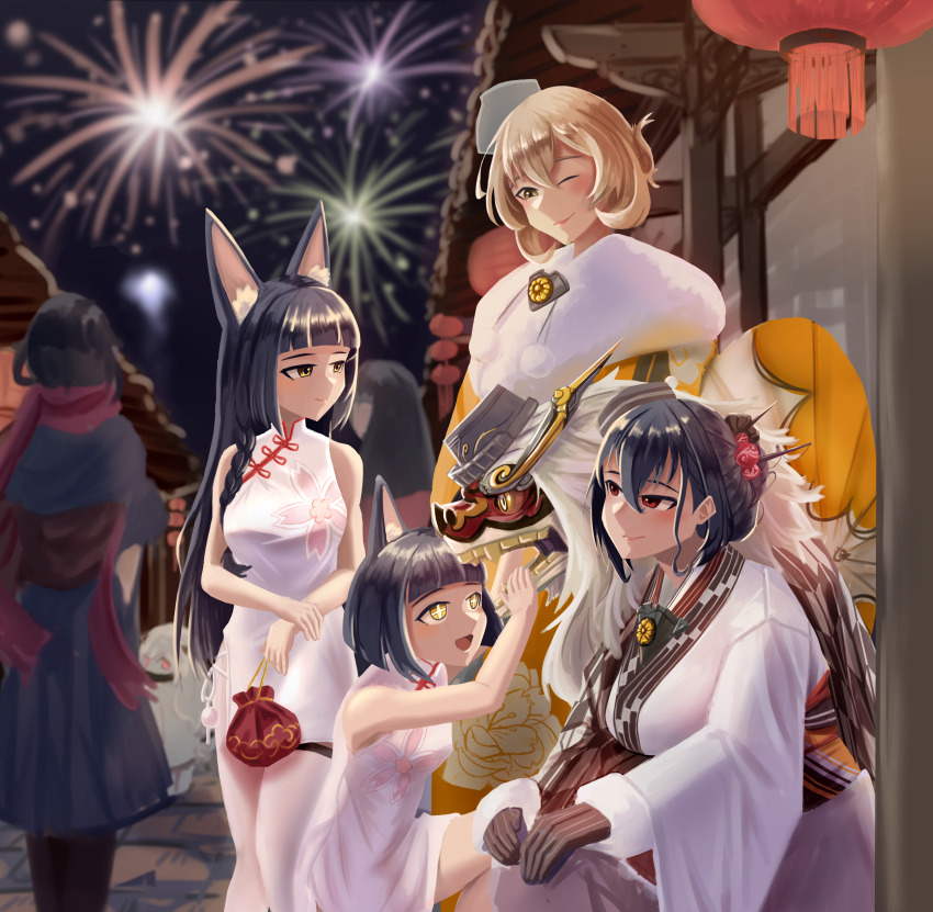 4girls absurdres animal_ear_fluff animal_ears azur_lane black_gloves black_hair blunt_bangs breasts brown_hair china_dress chinese_clothes crossover dress fireworks fox_ears fox_girl fur-trimmed_kimono fur_trim gloves highres japanese_clothes kantai_collection kimono lili_(egas4455) lion_dance long_hair medium_breasts multiple_girls mutsu_(azur_lane) mutsu_(kancolle) mutsu_(new_year)_(kancolle) nagato_(azur_lane) nagato_(kancolle) nagato_(new_year)_(kancolle) name_connection new_year night obi official_alternate_costume one_eye_closed orange_kimono outdoors red_eyes sakuramon sash shishimai short_dress short_hair sleeveless sleeveless_dress small_breasts smile thighhighs tilted_headwear tilted_headwear very_long_hair white_dress white_kimono white_thighhighs wide_sleeves yagasuri yellow_eyes yellow_kimono
