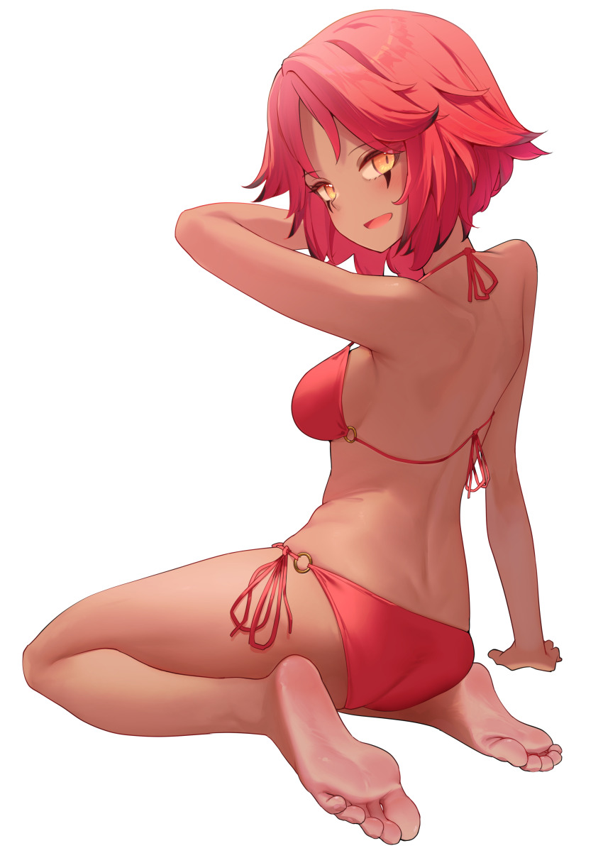 1girl absurdres barefoot bikini dark-skinned_female dark_skin feet highres light_blush looking_at_viewer medium_hair open_mouth pompmaker1 red_hair soles swimsuit toes yellow_eyes