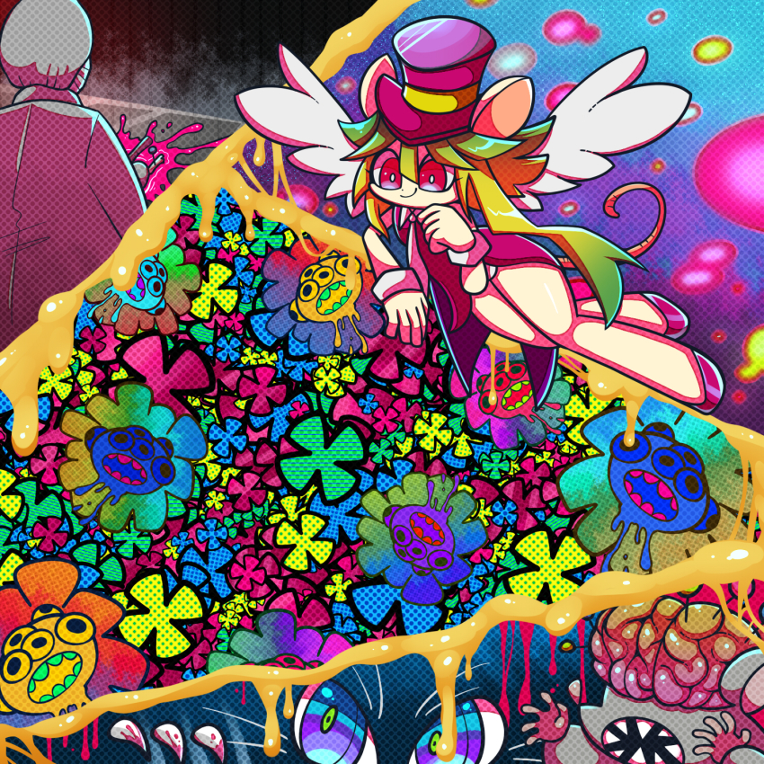 1girl animal_ears blue_eyes blush_stickers brain claws exposed_brain green_hair hat highres leotard mad_rat_dead mob_rat_(mad_rat_dead) mouse_(animal) mouse_ears mouse_girl mouse_tail nightmares_(mad_rat_dead) nippon_ichi psychedelic rat_god red_eyes tail the_cat_(mad_rat_dead) tie_clip top_hat wings wrist_cuffs