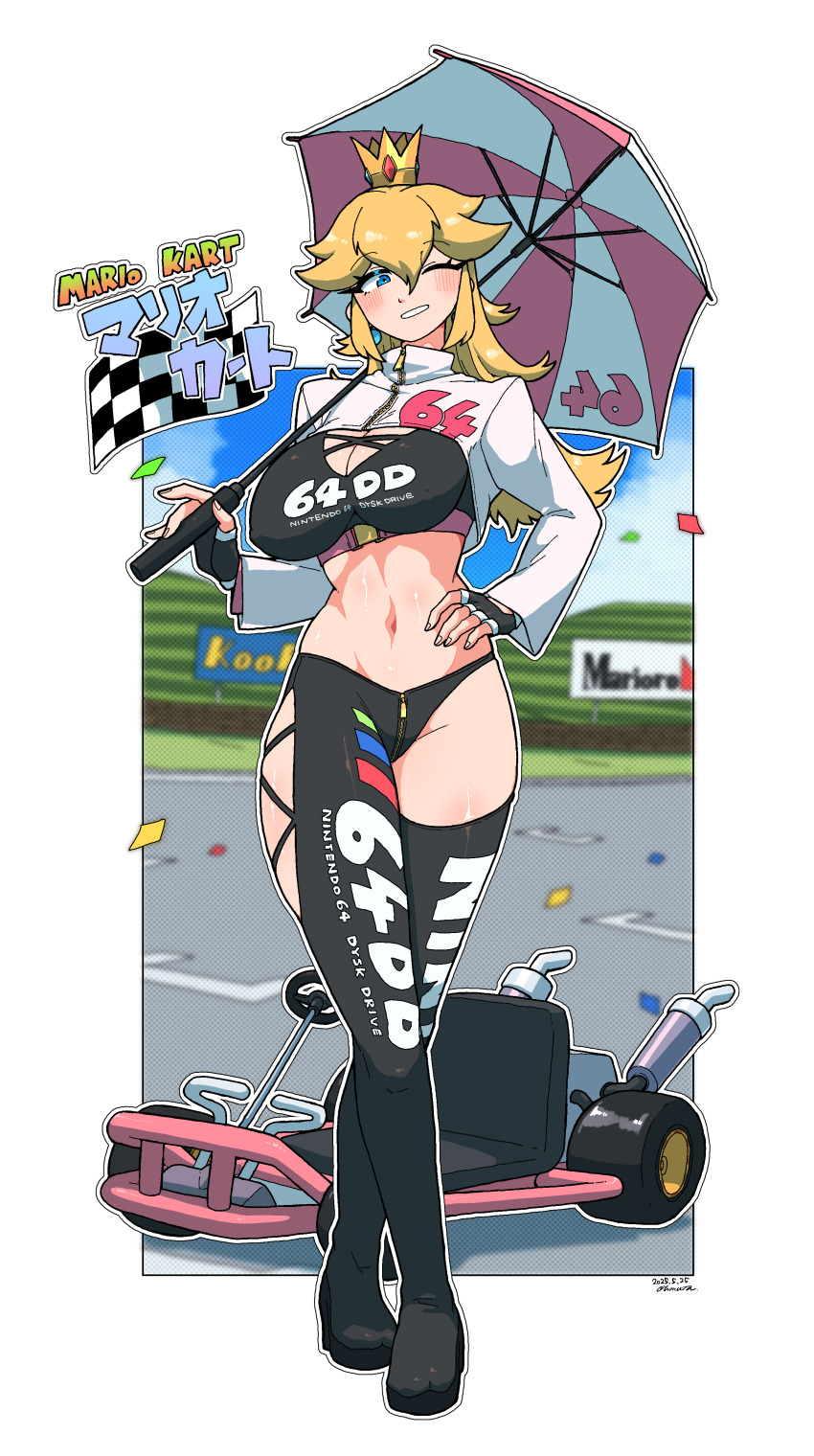 1girl absurdres alternate_breast_size artist_name bilingual_text black_gloves black_leggings black_sports_bra blonde_hair blue_eyes blue_gemstone blurry blurry_background blush border breasts cleavage cleavage_cutout clothes_writing clothing_cutout confetti copyright_name crossed_legs crotch_zipper crown dated day english_text female_focus fingerless_gloves gem gloves go-kart grin groin hair_flaps hand_on_own_hip hand_up happy highres holding holding_umbrella in-universe_location japanese_text large_breasts leggings long_hair long_sleeves looking_at_viewer mario_(series) mario_kart mario_kart_64 midriff mini_crown mixed-language_text navel nintendo omura_zojiki one_eye_closed outdoors outline outside_border over_shoulder princess_peach red_gemstone shrug_(clothing) side_cutout sidelocks signature skindentation smile solo sports_bra stomach teeth umbrella watson_cross white_border white_outline white_shrug wink yellow_crown zipper zipper_pull_tab