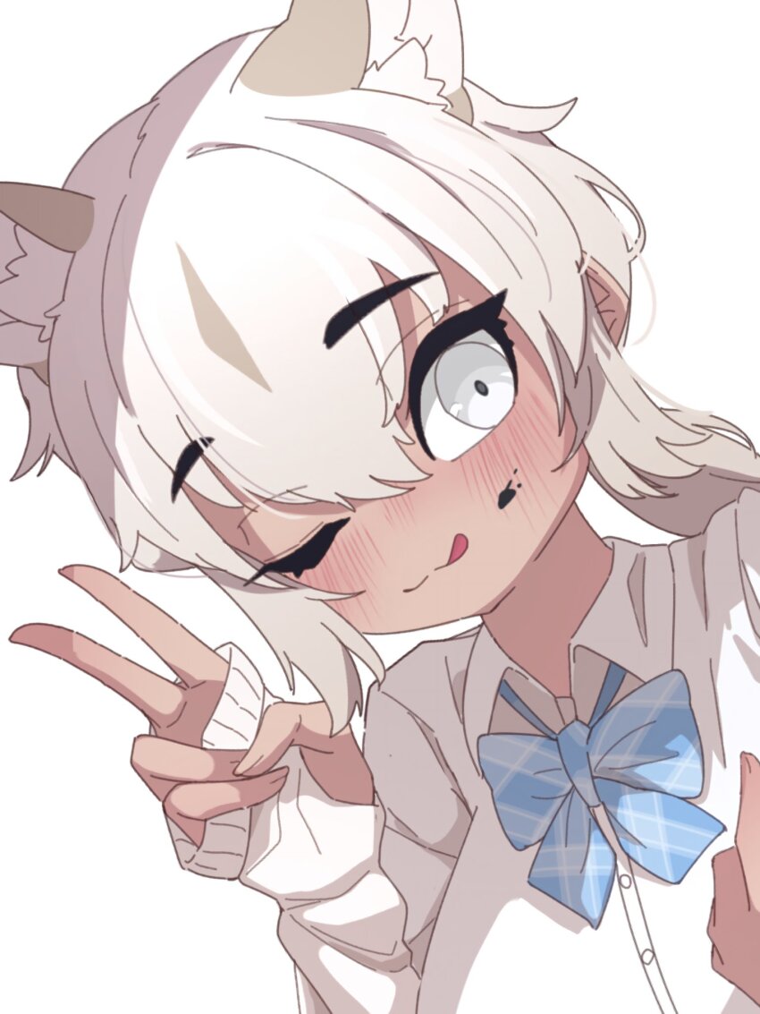 1girl :3 :p animal_ears blue_bow blue_bowtie bow bowtie chocolate chocolate_on_face collared_shirt dark-skinned_female dark_skin extra_ears food food_on_face grey_eyes hair_between_eyes highres kemono_friends lion_ears lion_girl one_eye_closed plaid_bow plaid_bowtie plaid_clothes sarutori school_uniform shirt short_twintails sidelocks sleeves_past_wrists solo t-shirt thumb_hole_sleeves tongue tongue_out transvaal_lion_(kemono_friends) twintails white_hair white_shirt white_sleeves