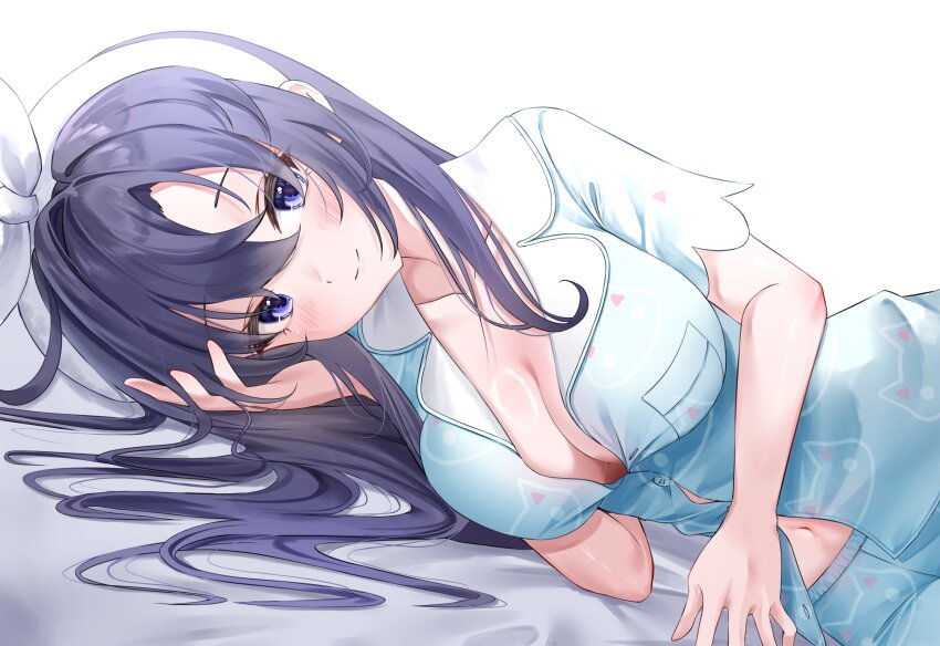 absurdres blue_archive blue_eyes blue_pajamas blush bow breasts cleavage closed_mouth collarbone commentary cowboy_shot dutch_angle eyelashes hair_bow hair_spread_out hairband happy highres large_breasts long_hair looking_at_viewer lying navel official_alternate_costume on_side pajamas purple_hair red_pupils short_sleeves simple_background smile split_mouth wfa5051 white_background white_bow white_hairband yuuka_(blue_archive) yuuka_(pajamas)_(blue_archive)