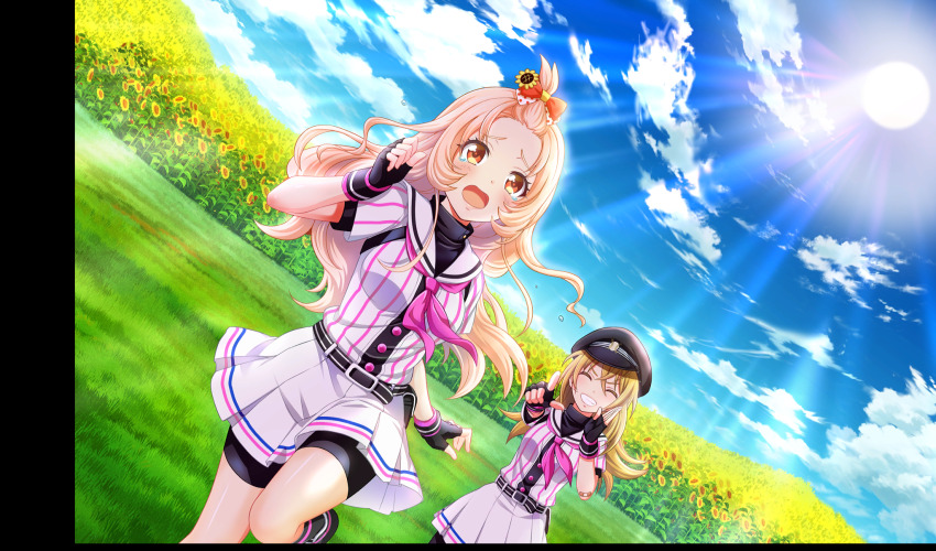 2girls aisaka_koko bandaid bandaid_on_arm bangs_pinned_back baseball_field baseball_uniform belt belt_buckle belt_pouch bike_shorts_under_skirt black_belt black_gloves black_hat black_pouch black_shorts black_undershirt blonde_hair blue_sky bow buckle cinderella_series cloud field fingerless_gloves flower flower_field gakuseibou game_cg gloves grin hachigatsu_no_cinderella_nine hair_bow hat highres iwaki_yoshimi long_hair looking_at_another multiple_girls neckerchief non-web_source official_art on_grass open_mouth orange_bow orange_eyes outdoors pink_neckerchief pleated_skirt pointing pointing_at_another pouch running satogahama_baseball_uniform shirt shirt_under_shirt short_sleeves shorts skirt sky smile sportswear standing striped_belt striped_clothes striped_shirt sun sunflower sunflower_field teardrop teeth vertical-striped_clothes vertical-striped_shirt wavy_hair wristband