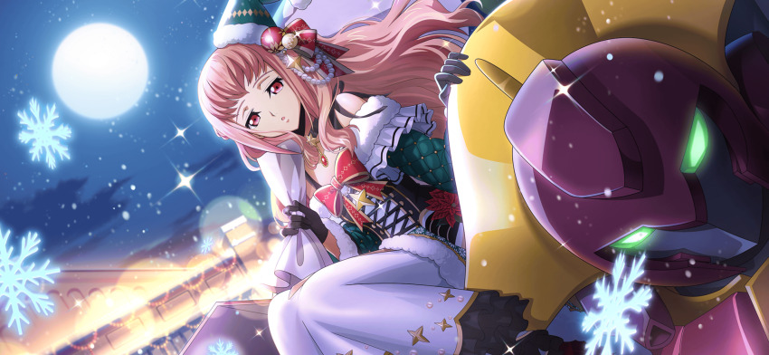 1girl anya_alstreim artist_request bare_shoulders black_choker black_gloves blue_sky blurry bokeh bow bowtie breasts brooch choker cloud code_geass code_geass:_lost_stories corset depth_of_field dutch_angle female_focus flower frilled_skirt frills full_moon fur-trimmed_headwear fur-trimmed_jacket fur-trimmed_sleeves fur_trim game_cg gem gloves glowing glowing_eyes green_eyes green_hat green_jacket hair_down half-closed_eyes hand_up hat hat_bow hat_ornament highres holding holding_sack jacket jewelry long_hair long_skirt looking_at_viewer mecha moon mordred_(code_geass) night non-web_source official_art on_mecha open_mouth outdoors over_shoulder pink_hair red_bow red_bowtie red_eyes red_flower red_gemstone robot sack santa_hat sidelocks sitting skirt sky small_breasts snowflakes snowing solo star_(symbol) white_skirt