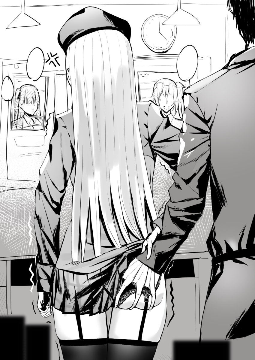 1boy 3girls anger_vein angry ass beret clenched_hand clothes_lift commander_(girls&#039;_frontline) from_behind garter_straps girls&#039;_frontline grabbing_another&#039;s_arm grabbing_another&#039;s_ass greyscale griffin_&amp;_kryuger_military_uniform groping hat hetero highres hk416_(girls&#039;_frontline) jacket kalina_(girls&#039;_frontline) lace lace-trimmed_panties lace_trim long_hair long_sleeves monochrome multiple_girls panties pleated_skirt pooor pushing_away skirt skirt_lift stealth_groping thighhighs trembling underwear wa2000_(girls&#039;_frontline)