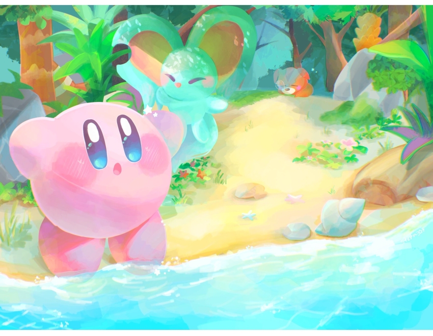 :o arms_up awoofy beach blue_eyes blush blush_stickers bush closed_eyes commentary_request conch day elfilin flower forest highres kirby kirby_(series) kirby_and_the_forgotten_land letterboxed log nature nintendo no_humans nose_bubble open_mouth outdoors palm_tree pink_flower plant red_flower rock sand seashell shell sleeping star_(symbol) starfish stern_(stern_dream) tiptoes tree water