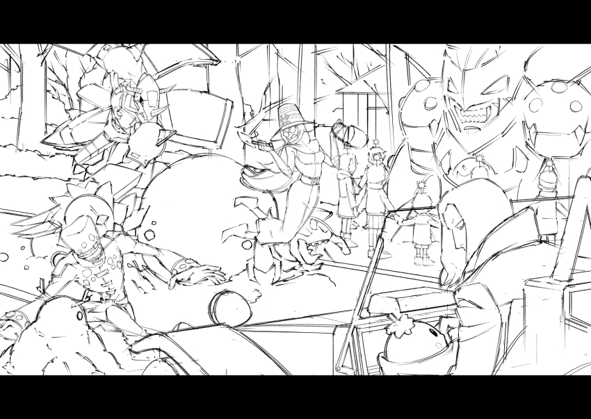 archnemon armor belialvamdemon belt blackwargreymon blossomon digimon hat highres kuwagamon looking_at_another mummymon oikawa_yukio petals pincers pipimon