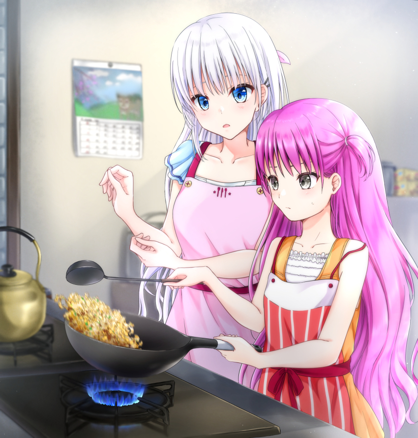 2girls apron blue_eyes blurry blurry_background calendar_(object) casual center_frills child closed_mouth commentary_request cooking dress eyebrows_hidden_by_hair eyelashes food fried_rice frills frown frying_pan grey_eyes hair_between_eyes hands_up highres holding holding_frying_pan holding_ladle indoors katou_umi kitchen ladle light_blush long_hair looking_at_food mini_dang01 motion_blur multiple_girls naruse_shiroha off_shoulder open_mouth orange_dress pink_apron purple_hair red_apron short_sleeves side-by-side sidelocks stove summer_pockets two_side_up very_long_hair white_hair