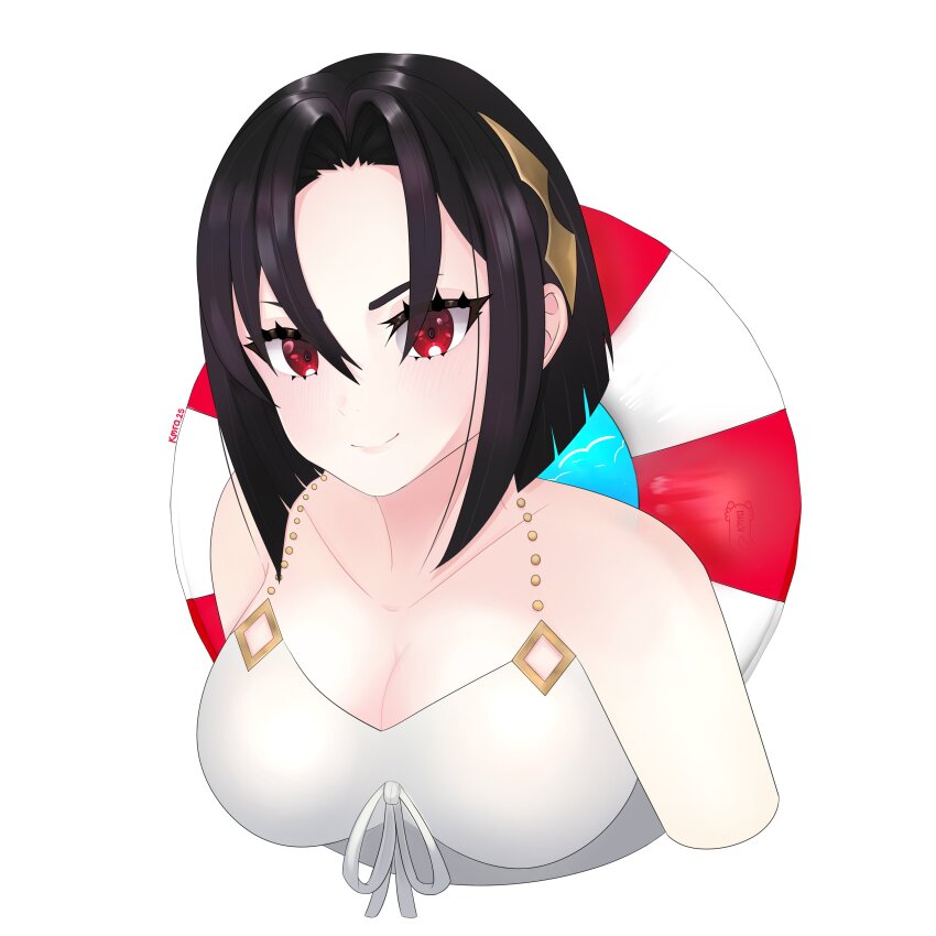 1girl absurdres black_hair breasts cleavage closed_mouth fire_emblem fire_emblem_engage hair_between_eyes highres korachan01 large_breasts lifebuoy looking_at_viewer nel_(fire_emblem) nintendo red_eyes solo swim_ring