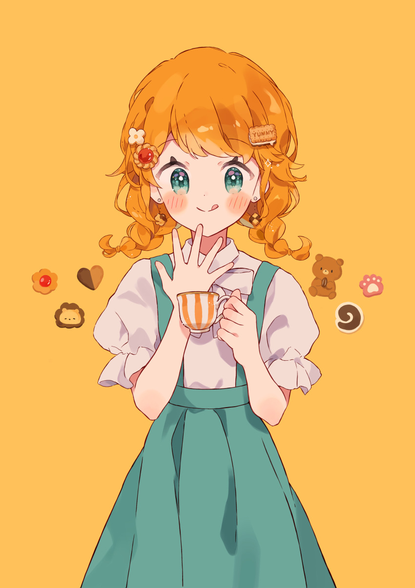 1girl absurdres aqua_eyes aqua_skirt blush bow bowtie braided_twintails checkerboard_cookie closed_mouth collared_shirt commentary cookie cookie_earrings cookie_hair_ornament cowboy_shot cup dot_nose earrings english_commentary food food-themed_hair_ornament food_themed_earrings frilled_shirt frilled_sleeves frills hair_ornament hair_tie hands_up heart heart-shaped_cookie heart-shaped_food high-waist_skirt highres holding holding_cup ibispaint_(medium) jewelry licking_lips looking_at_viewer medium_hair napo_(napo_illust) orange_background orange_hair original shirt short_sleeves simple_background skirt smile solo split_mouth spread_fingers standing straight-on suspender_skirt suspenders swept_bangs teacup tongue tongue_out white_bow white_bowtie white_shirt