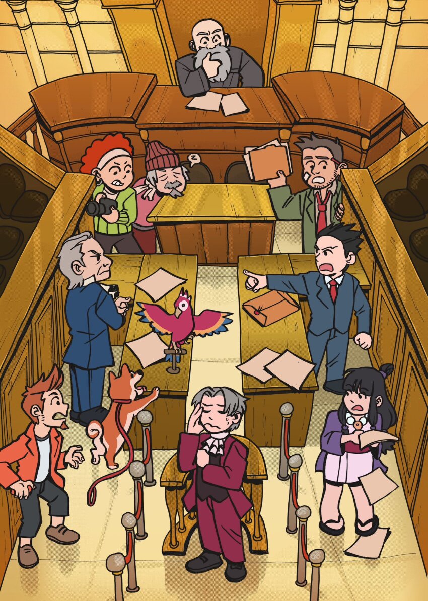2girls 6+boys aalexfletcher ace_attorney animal bird black_hair brown_hair camera closed_mouth commentary courtroom dick_gumshoe dog english_commentary folder formal_clothes grey_hair highres holding holding_camera holding_folder indoors japanese_clothes judge kimono larry_butz long_hair long_sleeves looking_at_another lotta_hart manfred_von_karma maya_fey miles_edgeworth multiple_boys multiple_girls open_mouth orange_hair pants paper parrot phoenix_wright phoenix_wright:_ace_attorney pointing pointing_at_another polly_(ace_attorney) shiba_inu shirt shoes short_hair standing suit the_judge_(ace_attorney) yanni_yogi