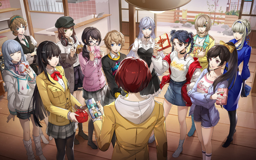 1boy 6+girls angry arai_motoha artist_request black-framed_eyewear black_gloves black_pantyhose black_vest blonde_hair blue_dress blue_skirt box box_of_chocolates braid brown_hair buttons cellphone closed_eyes closed_mouth crossed_arms dogenzaka_runa dress from_behind glasses gloves green_eyes green_hairband green_necktie grey_hair grey_skirt hair_over_one_eye hairband harem hat headphones headphones_around_neck holding holding_phone indoors jacket li_yaoling low_twintails merope_(p5x) miyashita_minami montagne_kotone multiple_girls necktie newsboy_cap no_shoes noge_tomoko off_shoulder official_art one_eye_covered pantyhose persona persona_5 persona_5:_the_phantom_x phone plaid_clothes plaid_skirt ponytail sakai_ayaka sawara_miyu school_uniform shiina_yumi short_hair skirt smile tanemura_riko third-party_source twin_braids twintails valentine vest wonder_(p5x) wooden_floor