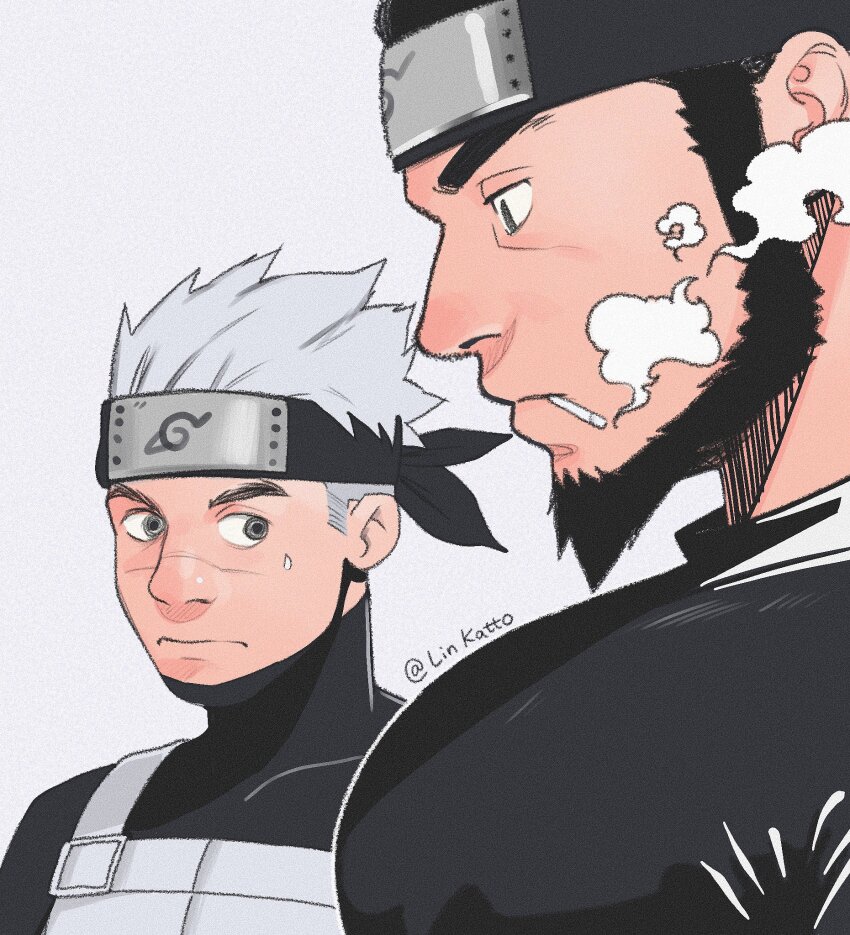 2boys bara beard black_hair black_shirt bursting_pectorals cigarette closed_mouth facial_hair forehead_protector from_side girl_staring_at_guy&#039;s_chest_(meme) grey_background grey_hair hatake_kakashi highres katto8452 large_pectorals looking_at_another looking_at_pectorals male_focus meme multiple_boys muscle_envy muscular muscular_male naruto_(classic) naruto_(series) ninja pectoral_focus pectorals portrait sarutobi_asuma scar scar_on_face scar_on_nose shirt short_hair simple_background smoking twitter_username