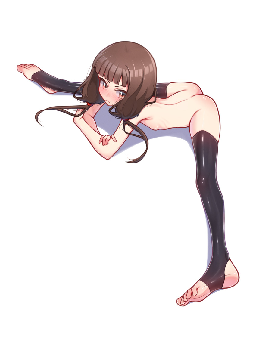 1girl absurdres ass blunt_bangs blush breasts brown_eyes brown_hair frown full_body highres iino_miko kaguya-sama_wa_kokurasetai_~tensai-tachi_no_renai_zunousen~ long_hair looking_at_viewer low_twintails moriforests nude shiny_skin simple_background small_breasts solo spread_legs twintails white_background