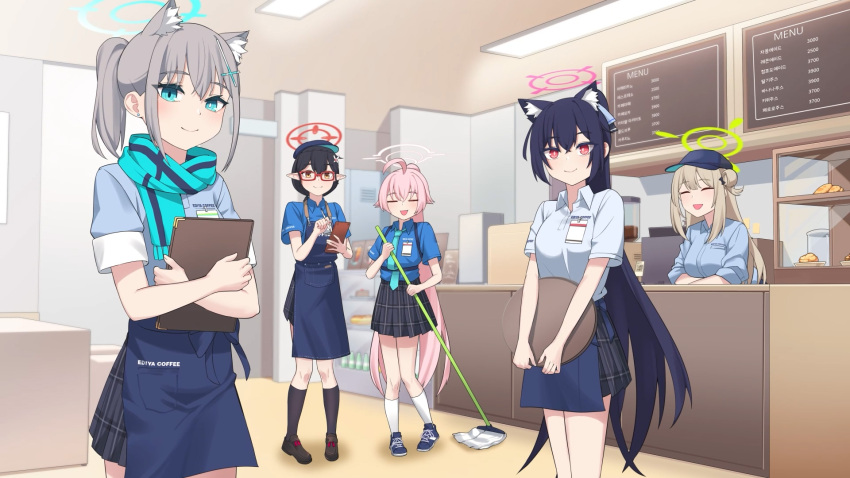 5girls :d ^_^ ahoge alternate_hairstyle animal_ear_fluff animal_ears apron aqua_necktie ayane_(blue_archive) baseball_cap black_hair black_skirt blue_apron blue_archive blue_eyes blue_scarf blue_shirt blurry brown_hair newsboy_cap cafe cashier cat_ears cat_girl closed_eyes coffee_maker commentary_request cross_hair_ornament depth_of_field display_case dual_wielding earrings extra_ears foreclosure_task_force_(blue_archive) glasses grey_hair hair_between_eyes hair_bun hair_ornament halo hat highres holding holding_menu holding_mop holding_notebook holding_pen holding_tray hoshino_(blue_archive) hugging_object id_card indoors jewelry long_hair looking_at_viewer medium_hair menu mismatched_pupils mop multiple_girls necktie nonomi_(blue_archive) notebook official_alternate_costume official_alternate_hairstyle open_mouth pen pink_hair plaid_clothes plaid_skirt pleated_skirt pointy_ears police_riot_(artist) ponytail red_eyes restaurant scarf scone serika_(blue_archive) shiroko_(blue_archive) shirt short_hair short_sleeves shoulder_strap sidelocks single_side_bun skirt sleeves_rolled_up smile tray v_arms waist_apron waitress white_shirt wolf_ears wolf_girl
