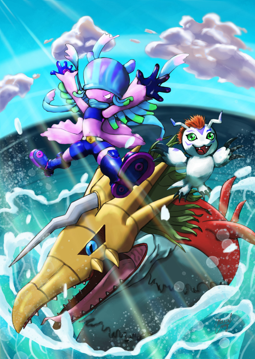 absurdres blue_eyes digimon digimon_(creature) gomamon green_hair highres horns jellyfish jellyfish_girl megaseadramon monster_girl sharp_teeth teeth tentacle_hair tentacles teslajellymon water