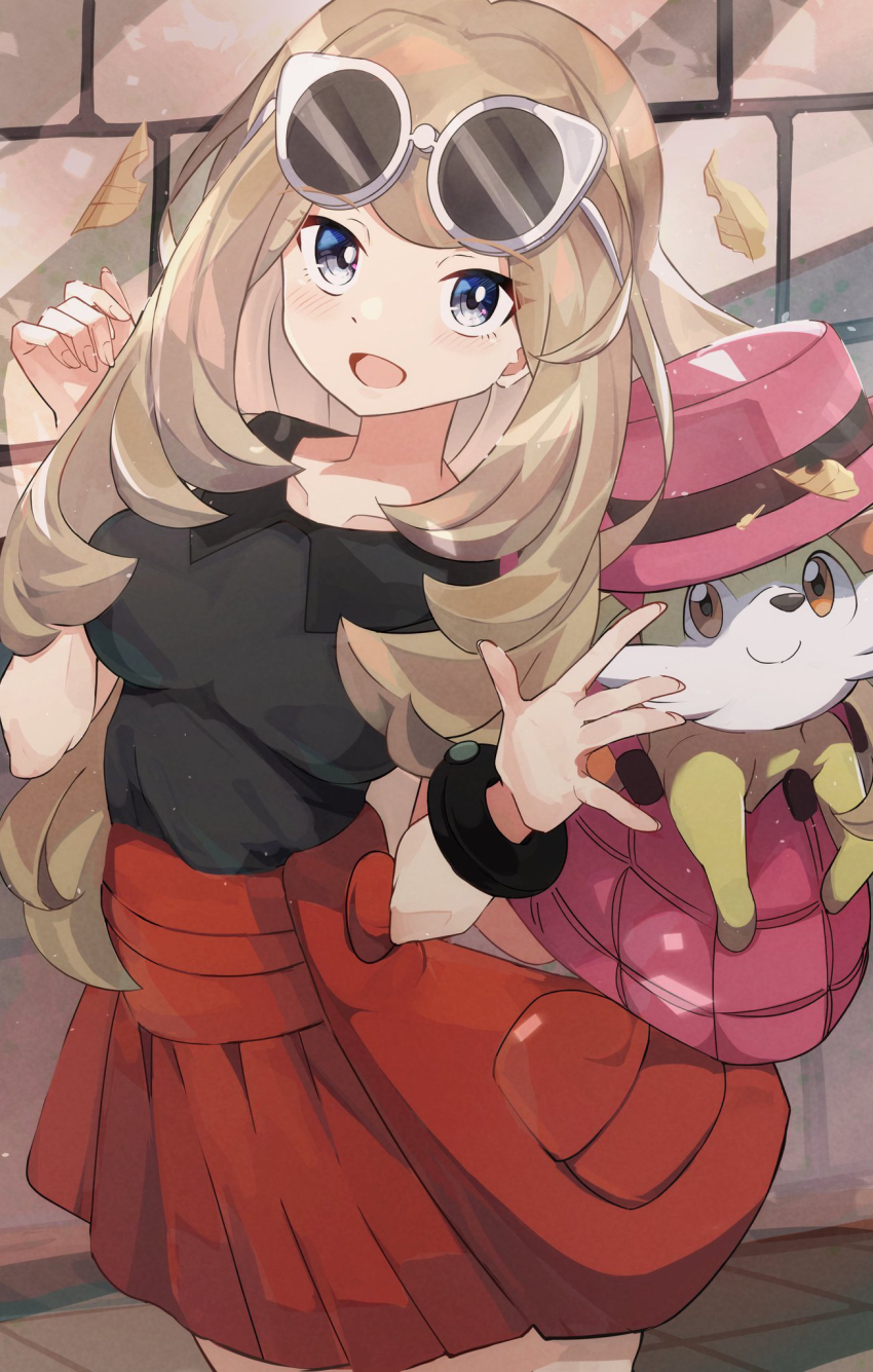 1girl black_shirt blonde_hair breasts brick_wall eyewear_on_head fennekin gen_6_pokemon grey_eyes hands_up high-waist_skirt highres large_breasts long_hair looking_at_viewer mega_ring nintendo open_mouth outdoors pink_bag pink_headwear pokemon pokemon_(creature) pokemon_xy red_skirt serena_(pokemon) shirt skirt sleeveless sleeveless_shirt solo tinted_eyewear umiru unworn_headwear white-framed_eyewear