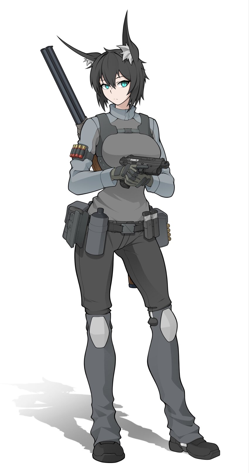 1girl absurdres animal_ears aqua_eyes arbor_spirit belt black_hair breasts canteen double-barreled_shotgun expressionless fox_ears full_body gloves gun handgun highres holding holding_gun holding_weapon holster large_breasts long_sleeves looking_at_viewer magazine_(weapon) military_combat_uniform military_uniform original pants short_hair shotgun shotgun_shell tactical_clothes toz-34 trigger_discipline weapon