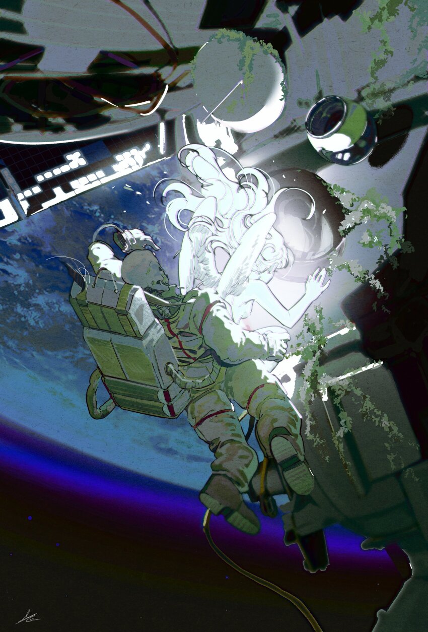 1girl absurdres angel angel_wings astronaut bag boots feathered_wings floating floating_hair gloves glowing unworn_headwear helmet unworn_helmet highres in_orbit long_hair original overgrown planet signature skeleton skull solo space space_helmet space_station spacesuit star_(sky) toktin_zq white_hair wings zero_gravity