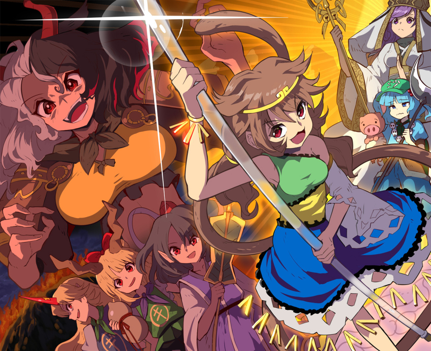 6+girls arm_armor blonde_hair blue_hair bracelet breasts circlet cow_girl cow_horns dress gourd green_headwear hijiri_byakuren holding holding_gourd holding_test_tube horns hoshiguma_yuugi ibuki_suika jewelry jin_jiao journey_to_the_west kawashiro_nitori large_breasts medium_breasts monkey_girl monkey_tail multicolored_background multicolored_dress multicolored_hair multiple_girls necklace niu_mo_wang open_mouth opposing_sides pig pointy_ears purple_eyes purple_hair red_eyes red_horns ruyi_jingu_bang sha_wujing shameimaru_aya skull_necklace smile son_biten sun_wukong syope tail tang_sanzang test_tube tie_shan_gongzhu touhou two-tone_hair ushizaki_urumi wide_sleeves yin_jiao zhu_bajie