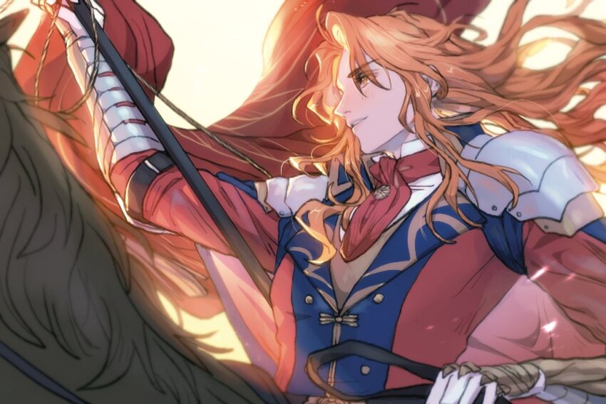 animal arm_belt arm_up armor armored_gloves ascot belt black_belt coat collared_shirt commentary english_commentary faithom ferdinand_von_aegir ferdinand_von_aegir_(timeskip) fire_emblem fire_emblem:_three_houses flag floating_hair holding holding_flag holding_reins horse horseback_riding lapels long_hair looking_ahead multicolored_coat nintendo orange_eyes orange_hair parted_lips pauldrons profile red_ascot red_flag reins riding shirt shoulder_armor smile upper_body white_shirt