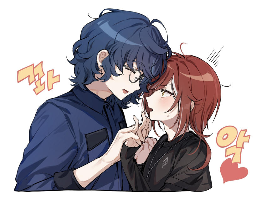 2boys ^_^ androgynous aoba_tsumugi bishounen blue_hair closed_eyes cropped_torso dark_blue_hair ensemble_stars! facing_another forehead-to-forehead hands_up heads_together height_difference highres holding holding_hands interlocked_fingers looking_at_another male_focus medium_hair multiple_boys open_mouth portrait profile red_hair sakasaki_natsume simple_background sweatdrop tsmkwa two-handed white_background yaoi