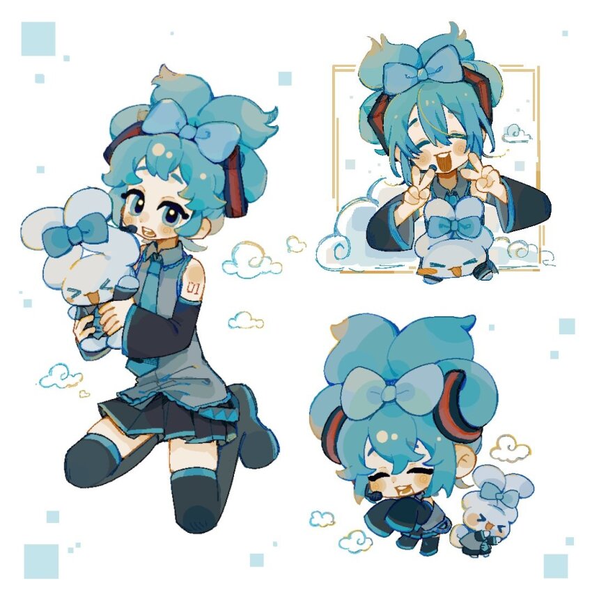 1girl 1other blue_bow blue_hair blue_necktie blue_trim blush boots bow cinnamiku closed_eyes cloud detached_sleeves dot_nose eyelashes grey_shirt hair_between_eyes hair_bow hair_ornament happy hatsune_miku headset holding long_hair long_sleeves looking_at_viewer makeup multiple_views necktie nose_blush pleated_skirt rouge_(makeup) sanrio shirt skirt suuroku teeth v vocaloid