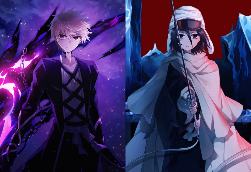 &gt;:) 1boy 1girl arms_at_sides bankai black_eyes black_kimono bleach bleach:_sennen_kessen-hen brown_eyes chain cloak closed_mouth collarbone commentary cowboy_shot double-parted_bangs energy eyelashes eyes_visible_through_hair fighting_stance floating_hair g_ieep getsuga_tensho goggles goggles_on_head hair_between_eyes highres holding holding_sword holding_weapon ice japanese_clothes katana kimono kuchiki_rukia kurosaki_ichigo light_particles long_sleeves looking_at_viewer official_alternate_costume parted_lips red_sky serious sidelighting sky smile sode_no_shirayuki_(shikai) split_mouth sword tensa_zangetsu_(bankai) tsurime v-shaped_eyebrows weapon white_cloak wide_sleeves