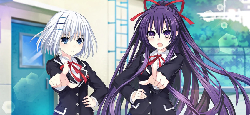 2girls black_jacket blazer blue_eyes breasts date_a_live date_a_live:_spirit_pledge door game_cg hair_between_eyes hair_ornament hair_ribbon jacket lens_flare long_hair long_sleeves looking_at_viewer medium_breasts multiple_girls neck_ribbon official_art open_mouth outdoors pointing pointing_at_viewer raizen_high_school_uniform red_ribbon ribbon school_uniform shirt short_hair third-party_source tobiichi_origami v-shaped_eyebrows white_hair white_shirt yatogami_tohka