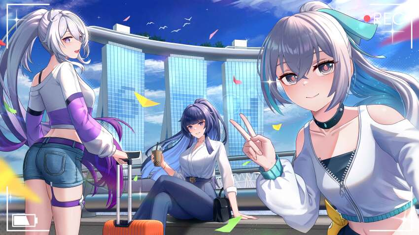 3girls :d absurdres aqua_bow bag belt bird black_bag black_collar blue_bow blue_eyes blue_hair blue_pupils blue_sky bow bra_strap bronya_zaychik bronya_zaychik_(herrscher_of_truth) bubble_tea clothing_cutout cloud collar collarbone colored_inner_hair commentary confetti crop_top crossed_bangs crossed_legs cruzvu cup denim denim_shorts disposable_cup drinking_straw english_commentary gradient_hair grey_eyes grey_hair hair_between_eyes hair_intakes high_ponytail highres holding holding_cup holding_suitcase homu_(honkai_impact) honkai_(series) honkai_impact_3rd jeans kiana_kaslana kiana_kaslana_(herrscher_of_finality) light_blush long_hair looking_at_viewer marina_bay_sands midriff multicolored_hair multiple_girls navel off-shoulder_shirt off_shoulder official_art official_wallpaper open_mouth outdoors pants ponytail purple_belt purple_eyes purple_hair purple_pupils purple_shirt raiden_mei raiden_mei_(herrscher_of_origin) red_pupils second-party_source shirt shorts shoulder_bag shoulder_cutout side_ahoge singapore sitting skinny_jeans sky smile standing star-shaped_pupils star_(symbol) streaked_hair suitcase symbol-shaped_pupils thigh_strap two-tone_shirt unworn_bag v very_long_hair viewfinder white_bird white_hair white_shirt
