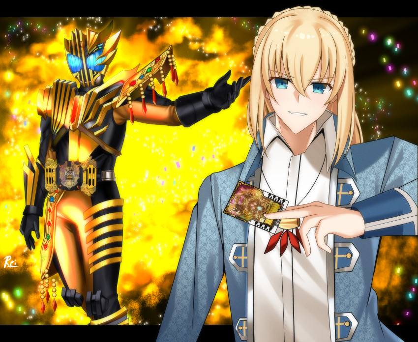 2boys absurdres armor asymmetrical_armor blonde_hair blue_eyes card rider_belt glowing glowing_eyes highres holding holding_card kamen_rider kamen_rider_gotchard_(series) kamen_rider_gotchard_vs_kamen_rider_legend kamen_rider_legend legendriver looking_at_viewer multiple_boys reiei_8 rider_belt signature tokusatsu