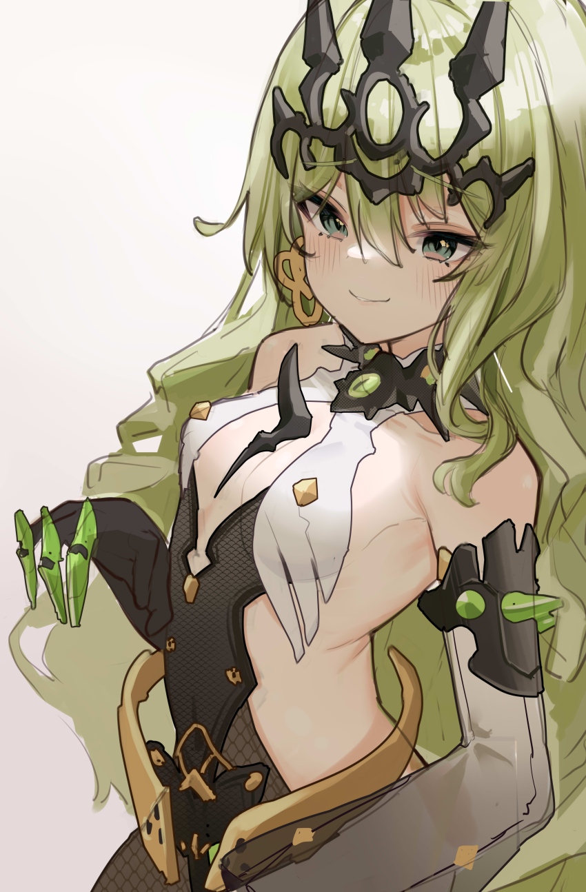 1girl absurdres bei_qi black_dress black_gloves black_tiara center_opening commentary_request dress earrings gloves green_hair highres honkai_(series) honkai_impact_3rd jewelry long_hair md5_mismatch mobius_(honkai_impact) resolution_mismatch revealing_clothes slit_pupils smile solo source_smaller spikes tiara upper_body