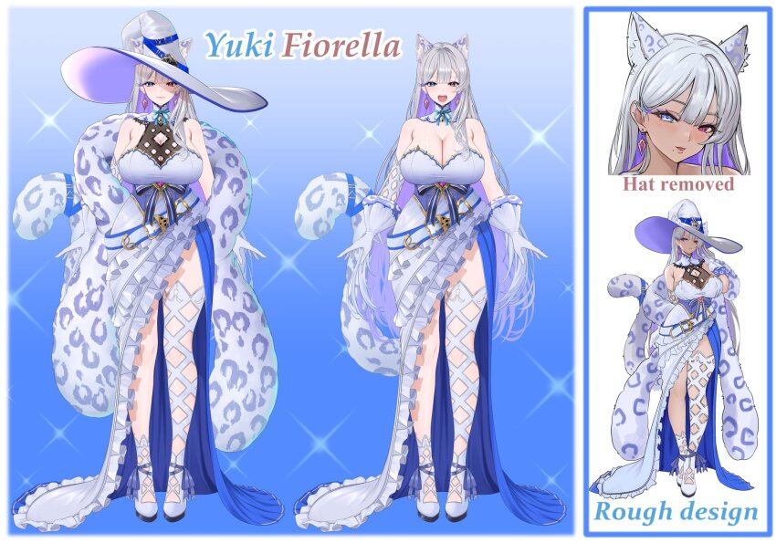 1girl animal_ear_fluff animal_ears animal_print belt blue_eyes breasts cleavage closed_mouth coat collar colored_inner_hair detached_collar dress earrings frilled_dress frills gloves hat heterochromia highres iriam jewelry large_breasts leopard_print long_hair mole mole_under_mouth multicolored_hair open_mouth purple_hair red_eyes shoes tail uzyou_(momotk1109) white_belt white_coat white_collar white_gloves white_shoes witch_hat yuki_fiorella
