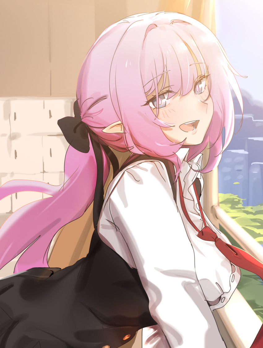 1girl alternate_costume black_dress blue_eyes breasts dated_commentary dress elf elysia_(honkai_impact) highres honkai_(series) honkai_impact_3rd large_breasts long_hair necktie open_mouth pink_hair pointy_ears red_necktie saki_(remainaddd) solo upper_body