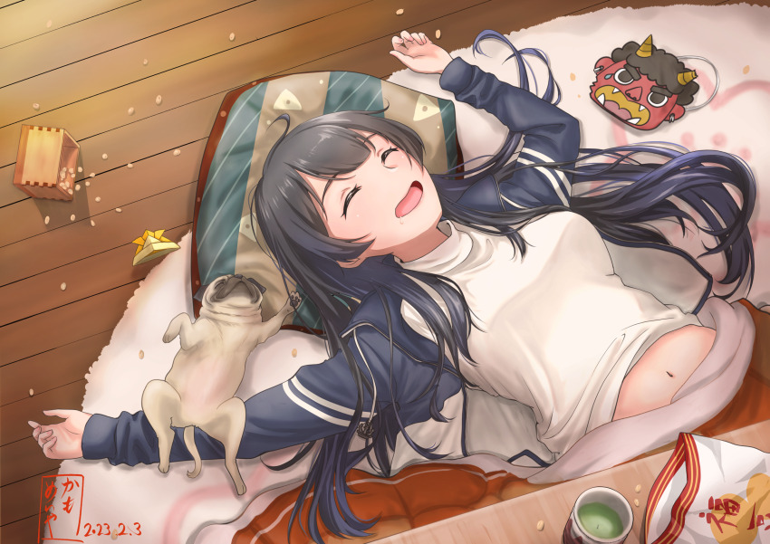 1girl agano_(kancolle) ahoge animal beans black_hair black_jacket cat closed_eyes commission cup dated green_tea highres jacket kamo_mayor kantai_collection kotatsu long_hair mask masu navel oni_mask open_clothes open_jacket open_mouth pixiv_commission setsubun shirt signature smile solo table tea white_shirt
