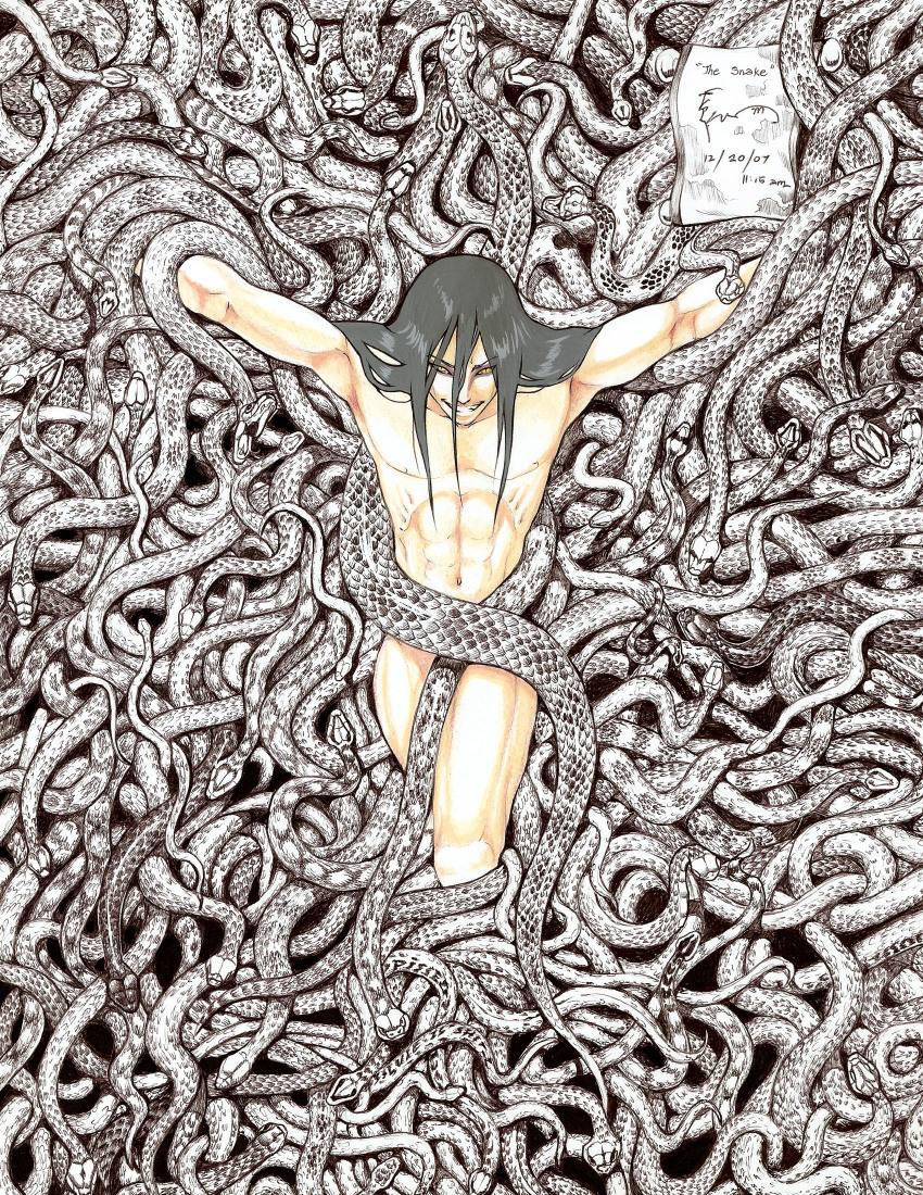 2007 abs arms_up black_hair convenient_censoring dated dominic_ian_cabatit eyeliner grin hair_between_eyes highres long_hair makeup naruto naruto_(series) navel nude orochimaru_(naruto) purple_eyeliner slit_pupils smile snake snake_boy snake_wrapped_around_arm snake_wrapped_around_body timestamp toned toned_male too_many_snakes yellow_eyes