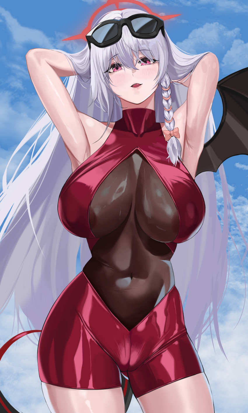 1girl absurdres alternate_costume armpits arms_behind_head black_bodysuit black_wings blue_archive blue_sky blush bodysuit braid breasts commentary covered_erect_nipples covered_navel demon_girl demon_tail demon_wings eyewear_on_head feet_out_of_frame gcg grey_hair halo hands_in_hair haruna_(blue_archive) haruna_(swimsuit)_(blue_archive) highres large_breasts licking_lips long_hair looking_at_viewer mechanical_halo navel official_alternate_costume one-piece_swimsuit open_mouth parted_lips presenting_armpit purple_eyes red_halo red_one-piece_swimsuit red_tail single_wing sky solo standing swimsuit tail thighs tongue tongue_out variant_set wings