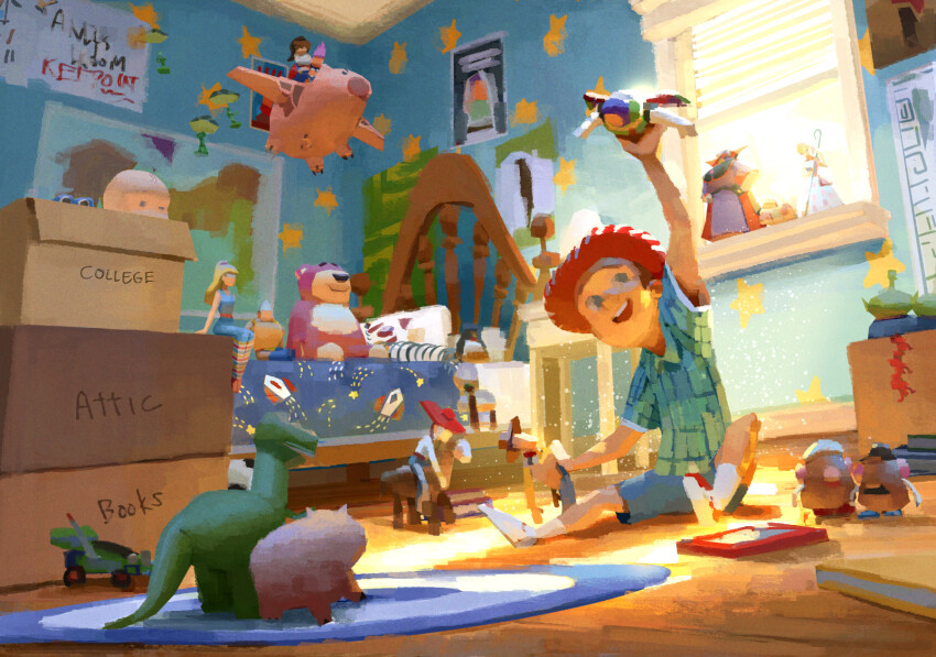 :d alien_(toy_story) andy_davis aqua_shirt arm_up army_men barbie_(character) barbie_(franchise) barrel_of_monkeys big_baby_(toy_story) blonde_hair blue_shorts bo_peep_(toy_story) box brown_hair bullseye_(toy_story) buzz_lightyear child commentary day denim english_commentary english_text etch_a_sketch full_body hamm_(toy_story) hat highres holding indoors jeans jessie_the_yodeling_cowgirl lenny_(toy_story) long_hair lots-o&#039;-huggin&#039;_bear mr._potato_head mrs._potato_head multiple_boys multiple_girls okacheke open_mouth pants poster_(object) rc_car_(toy_story) rex_(toy_story) rocky_gibraltar sheriff_woody shirt short_hair short_sleeves shorts sitting slinky_dog smile standing stinky_pete table teeth toy_story toy_story_3 upper_teeth_only wheezy_(toy_story) white_shirt window zurg