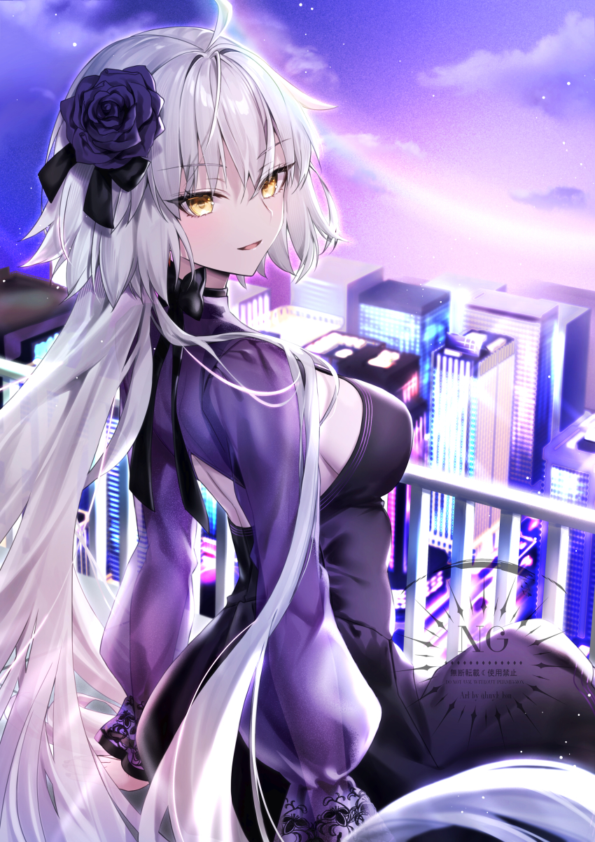 1girl absurdres ahoge balcony black_bow black_dress blush bow breasts cityscape dress fate/grand_order fate_(series) flower hair_between_eyes hair_flower hair_ornament hane_yuki highres jeanne_d&#039;arc_alter_(fate) jeanne_d&#039;arc_alter_(over_the_same_sky)_(fate) large_breasts long_hair long_sleeves looking_at_viewer night night_sky open_mouth purple_flower purple_rose purple_shrug rose sideboob sky smile solo very_long_hair white_hair yellow_eyes