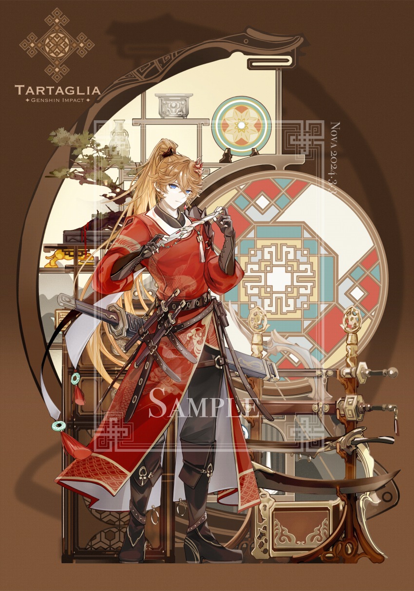 1boy absurdres alternate_costume alternate_hair_length alternate_hairstyle animal_print architecture armor belt belt_pouch black_belt black_gloves black_pants blue_eyes bonsai boots brown_background brown_boots character_name chinese_clothes chinese_commentary closed_mouth copyright_name dagger dao_(weapon) earrings east_asian_architecture elbow_gloves expressionless fingerless_gloves fish_print fold-over_boots full_body genshin_impact gloves hair_between_eyes high_ponytail highres holding holding_dagger holding_knife holding_weapon jade_(gemstone) jewelry jian_(weapon) knife knife_sheath lattice long_hair long_sleeves looking_at_viewer male_focus mask mask_on_head nnnnnova orange_hair pants plate ponytail pouch procreate_(medium) red_robe robe sample_watermark scale_print sheath sheathed shelf shoulder_armor single_earring solo standing sword tartaglia_(genshin_impact) tassel tassel_earrings three-quarter_sleeves unsheathing vase watermark weapon weapon_rack yuanlingpao