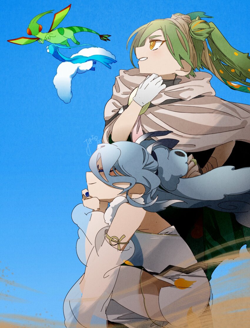 2girls altaria bird bird_tail blue_background blue_hair blue_skin chicken_curry claws closed_eyes colored_skin commentary_request detached_sleeves double_bun fluffy flygon flying_miku_(project_voltage) gen_3_pokemon gloves green_hair green_skin grey_cloak ground_miku_(project_voltage) hair_bun hatsune_miku highres long_hair multiple_girls nintendo orange_eyes pokemon pokemon_(creature) project_voltage simple_background smile squatting standing tail teeth twintails vocaloid white_gloves white_sleeves wings