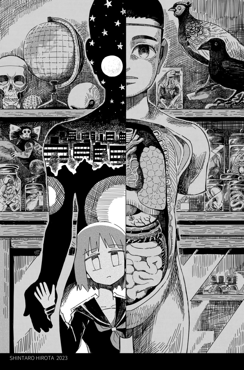 1girl anatomical_model aremoyou artist_name bird bob_cut closed_mouth crow dated double_exposure expressionless full_moon globe greyscale hand_up highres looking_at_viewer mannequin mason_jar missing_limb monkey monochrome moon neckerchief night night_sky organs original school_uniform serafuku shelf shell short_hair skull sky skyline solo star_(sky) star_(symbol) starry_sky