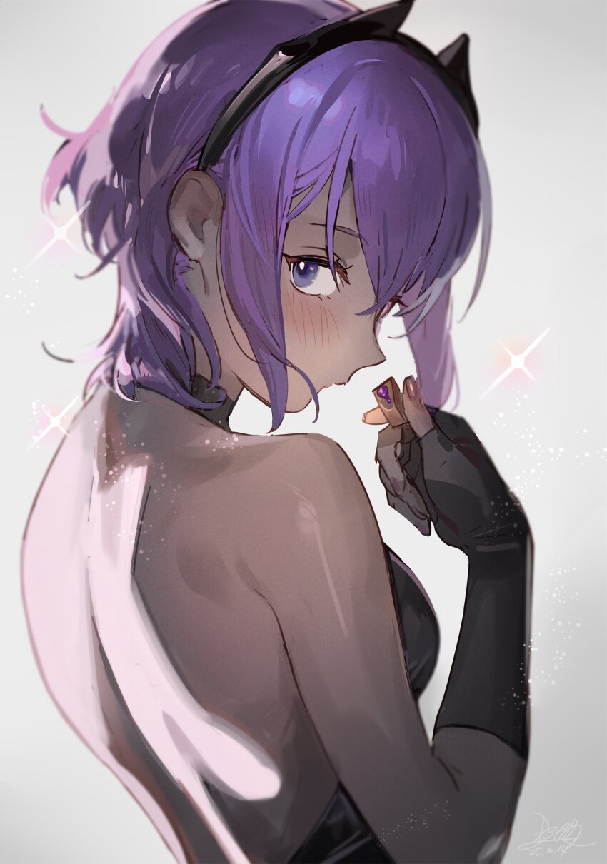 1girl backless_outfit bare_shoulders black_hairband blush breasts chocolate dark-skinned_female dark_skin fate/grand_order fate_(series) fingerless_gloves food gloves hair_between_eyes hairband hassan_of_serenity_(fate) highres holding holding_chocolate holding_food looking_at_viewer medium_breasts nao_(syn_eaa) purple_eyes purple_hair short_hair sidelocks solo very_dark_skin