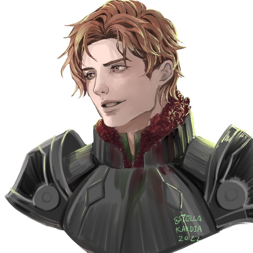 1boy armor artist_name breastplate commentary cropped_torso dated english_commentary fire_emblem fire_emblem:_three_houses fur-trimmed_collar fur_trim highres looking_to_the_side male_focus nat_chaitea nintendo orange_eyes orange_hair parted_hair parted_lips pauldrons red_fur short_hair short_sideburns shoulder_armor simple_background solo sylvain_jose_gautier sylvain_jose_gautier_(timeskip) teeth white_background