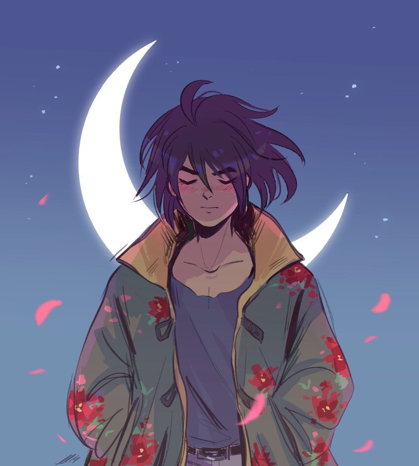 1boy andythelemon black_hair blush closed_eyes collarbone crescent_moon eyebrows eyelashes falling_petals floral_print flower furrowed_brow gundam gundam_tekketsu_no_orphans hair_between_eyes hands_in_pockets highres male_focus medium_hair mikazuki_augus moon pale_skin petals solo