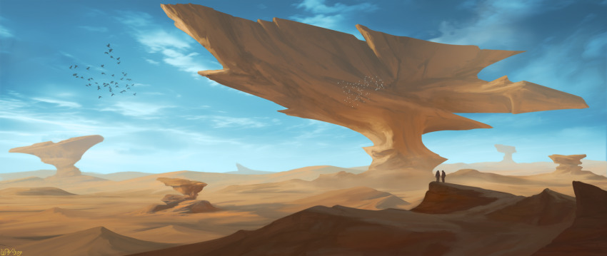 2boys bird blue_sky commentary day desert english_commentary facing_away flock from_behind highres landscape mountain multiple_boys nature original painterly rock sand sand_dune sky wopgnop