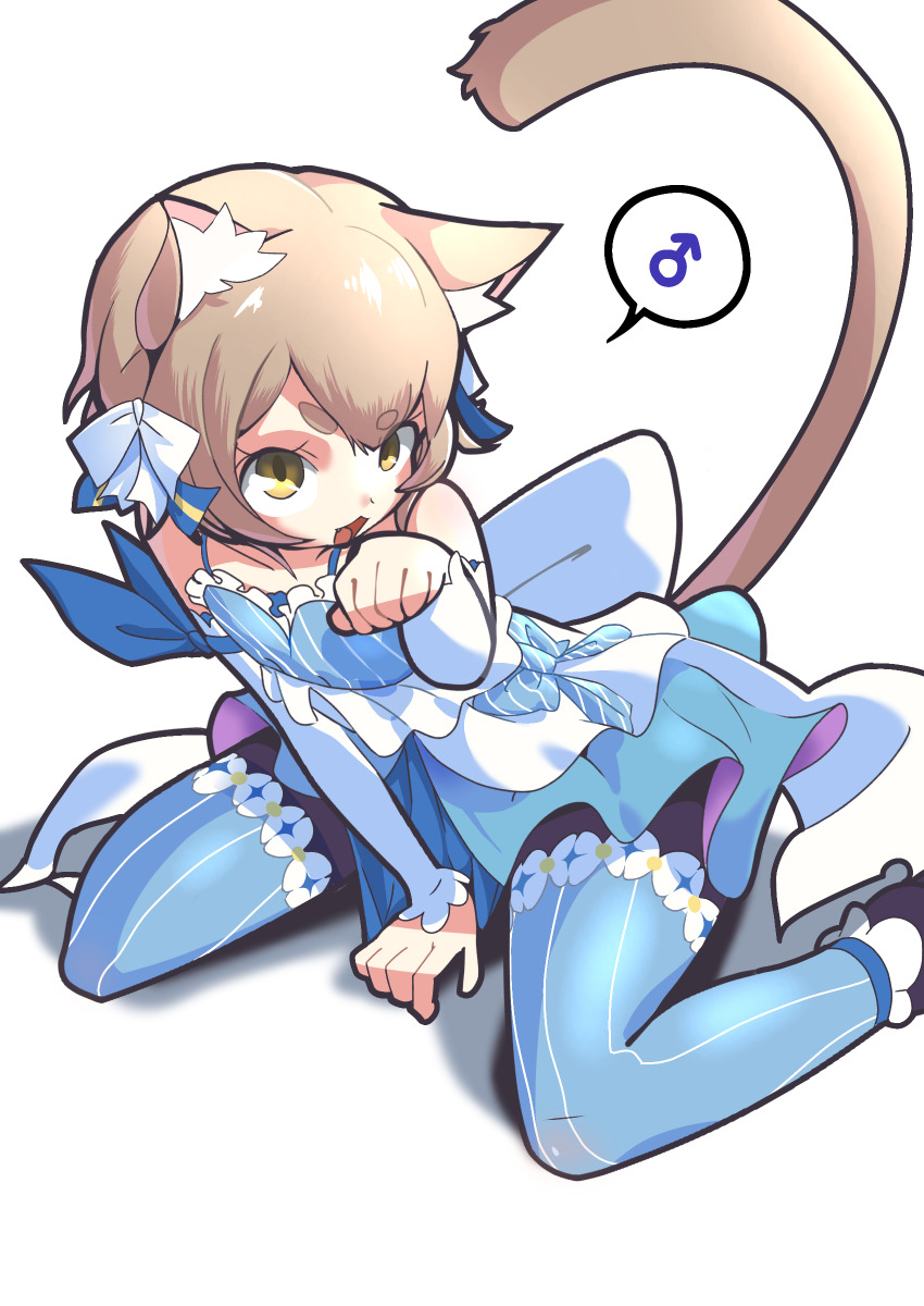1boy absurdres animal_ear_fluff animal_ears arm_ribbon back_bow bell black_pantyhose blue_collar blue_dress blue_ribbon blue_thighhighs bow brown_hair cat_boy cat_ears cat_tail collar collarbone crossdressing crossdressing_(mtf) detached_sleeves dot_nose dress felix_argyle frilled_dress frilled_sleeves frills hair_between_eyes highres male_focus mars_symbol neck_bell pantyhose re:zero_kara_hajimeru_isekai_seikatsu ribbon shadow short_dress short_hair simple_background sitting solo speech_bubble spoken_mars_symbol striped_bow striped_clothes striped_thighhighs tail thighhighs trap two-tone_dress two-tone_thighhighs ura_ura_(ktke5457) wariza white_background white_bow white_dress white_sleeves white_thighhighs yellow_eyes